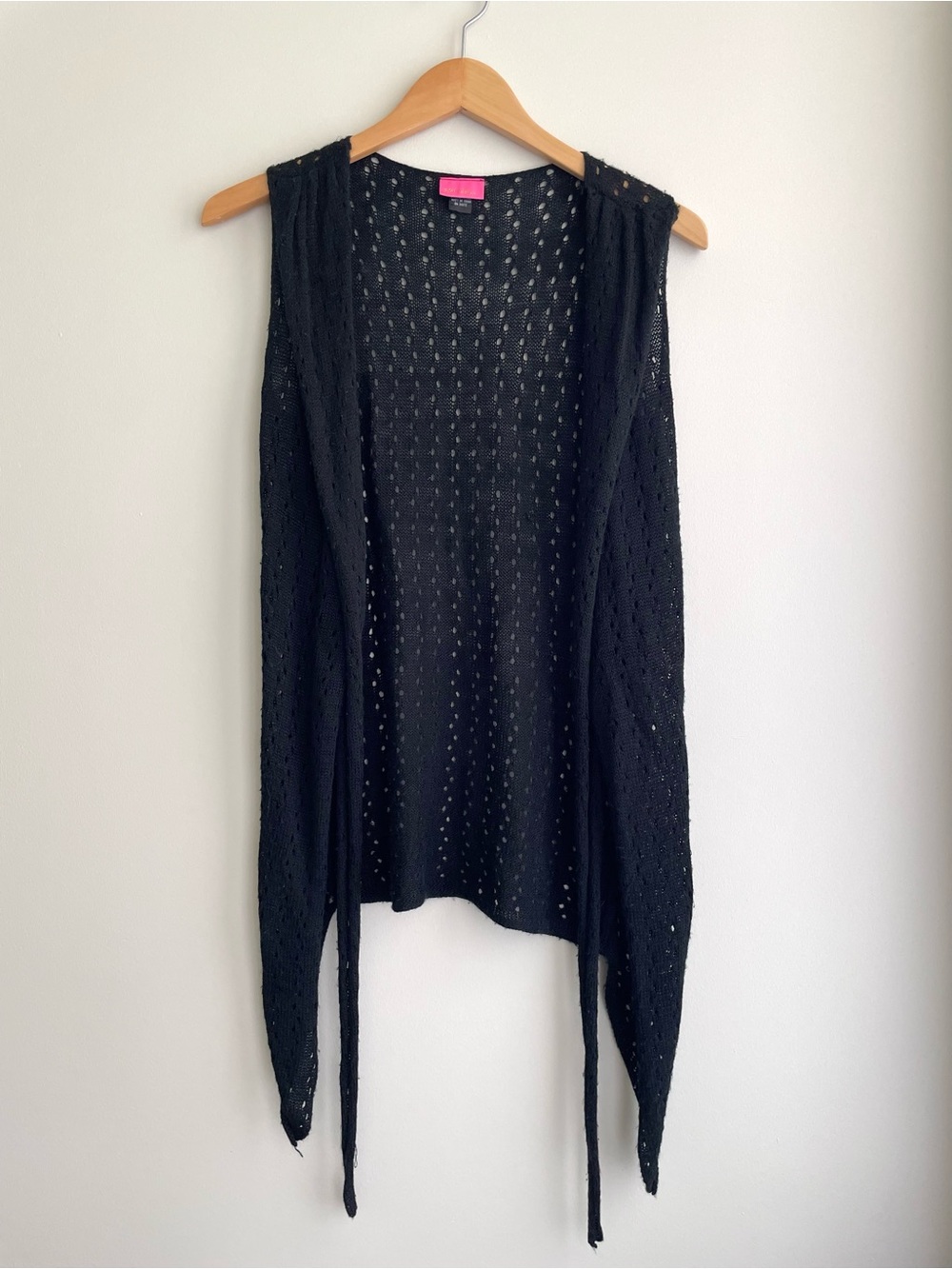 Betsey Johnson Black Open-Knit Sleeveless Boho Festival Front Tie Vest